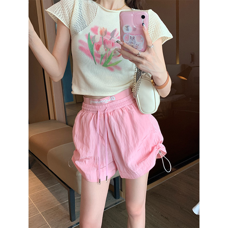 2025 Sports Shorts Women's Summer High Waist Slimming Small Loose Wide Leg Straight Drawstring Casual Pants