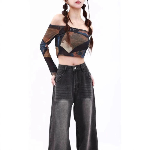 Women's Straight Leg Retro Black and Grey High-Waisted Skinny Jeans with Distressed Effect, Showcasing 2025 New Arrival