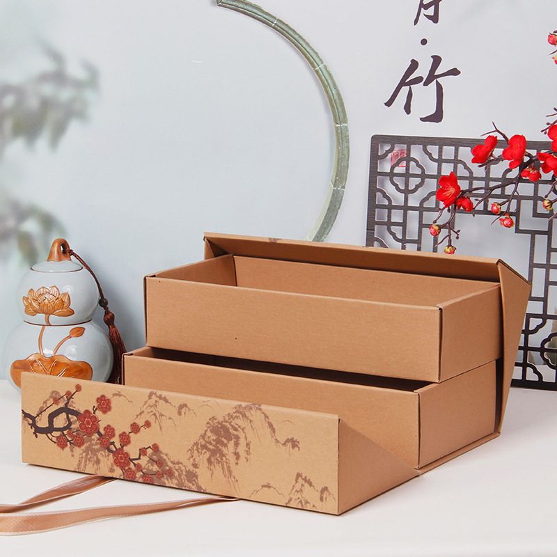 Souvenir packaging box double-layer retro carton empty box cured meat cooked food agricultural products Mid-Autumn Festival portable gift box wholesale