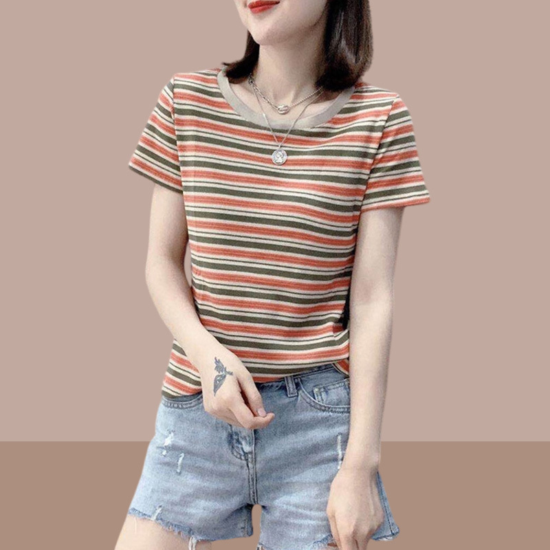 2025 新しい夏の女性の純粋な綿半袖 tシャツストライプトップス人気の女性の tシャツスリムフィット小柄な人|undefined