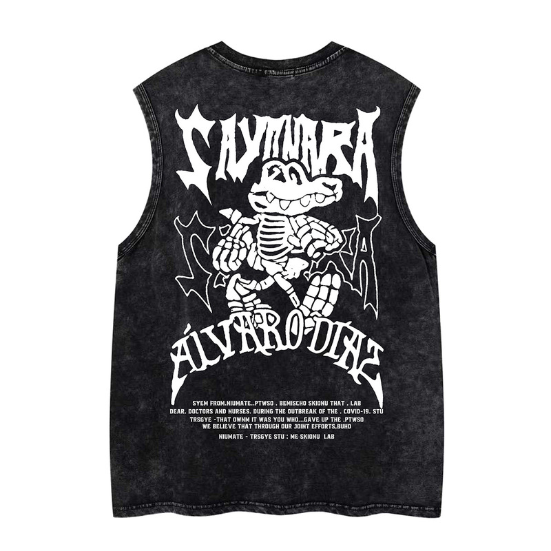 Trendy High Street Style Vintage Skull Crocodile Letter Print Vest for Men, Summer Loose Washed Casual Sleeveless T-Shirt