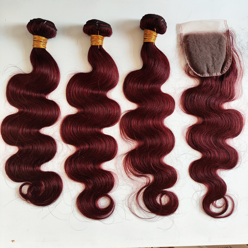 Cross-Border Wig Burgundy Real Hair Hair Extensions Body Wave Human Hair Bundles 99J