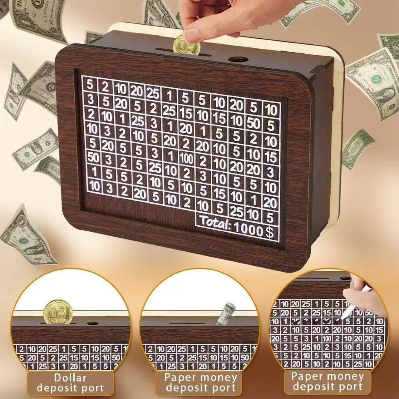 El depósito de madera solo puede depositar o retirar el plan de ahorro digital, el papel moneda, las monedas se pueden almacenar en adornos de escritorio de alto valor nominal.