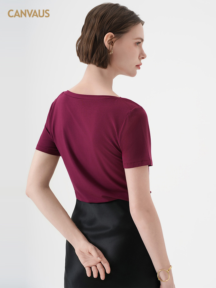 CANVAUS verano simple y suave camiseta glutinoso para mujer nueva versión coreana de color sólido cuello de una línea casual de manga corta jersey para mujer