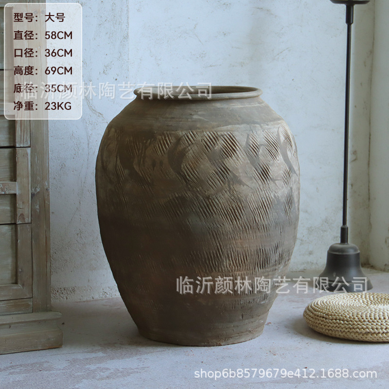 Cerámica de tierra de cerámica gruesa gran vasija de cerámica gran vasija de flores de estómago de viento tranquilo decoración del paisaje residencial de cerámica china vintage