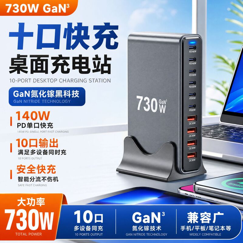 Foreign Trade Gallium Nitride Charger 730W Multi-Port Output Fast Charging Mobile Phone Tablet Laptop Universal Desktop Charging Station