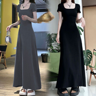 Simple Summer Dress Slimming Short-Sleeved Elegant Long Skirt for Women 2025 New Slim French Waist Large Swing Skirt Trendy