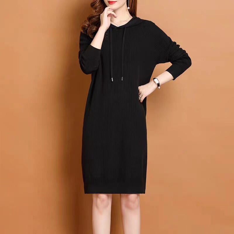 Foreign Trade Autumn and Winter Knitted Hooded Dress 2023 Autumn and Winter Women's Style Slimming Look Elegant Long-Sleeved Dress