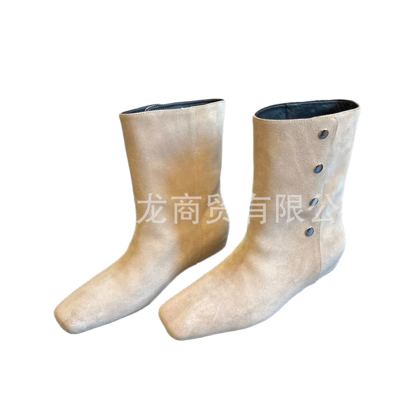 高端小众2025秋冬真皮方头复古多排扣内增高套筒短靴切尔西靴单靴|undefined