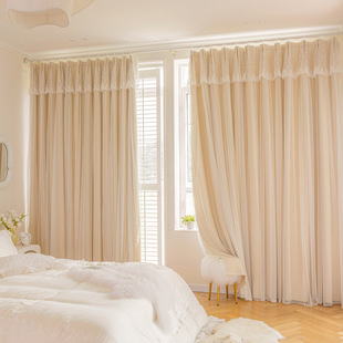 Simple Modern Cream Style Double-Layer Fabric Gauze Integrated Thickened Curtains for Bedroom Princess Room with a Girlish Touch, No-Drill Balcony