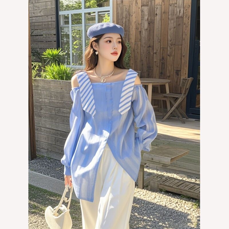 Blue Patchwork Faux Two-Piece Off-Shoulder Shirt Top for Women, 2025 New Design, Chic Korean Style, Stunning