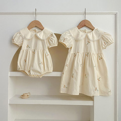 夏季新款女寶寶刺繡碎花爬服短袖連體哈衣洋氣女童連衣裙姐妹裝