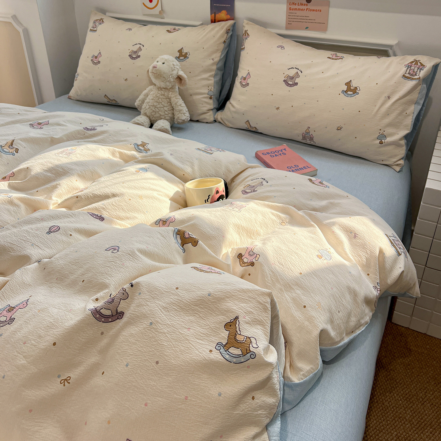Madre y niño grado desnudo dormir teñido de agua lavar algodón cuatro piezas de sábanas de algodón cubierta dormitorio de estudiantes cama de tres piezas