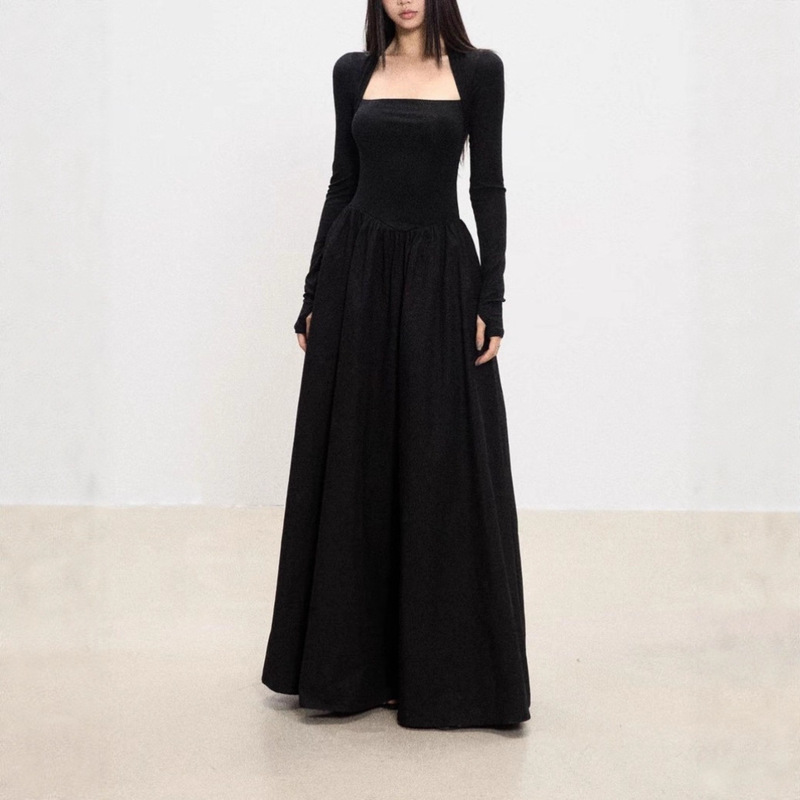 Cool Supermodel Evening Dress, Sexy Black Square-Neck Long-Sleeve Fitted Long Dress for Women, Slim-Fit Maxi Dress Cool Supermodel Evening Dress, Sexy Black Square-Neck Long-Sleeve Fitted Long Dress for Women, Slim-Fit Maxi Dress