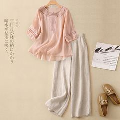 綿とリネンの刺繍入り半袖トップファッションスーツ 2025 夏の新スタイルパンツカジュアルワイドレッグパンツツーピース婦人服