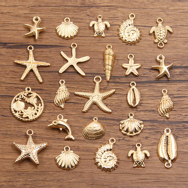 20 Types of Cross-Border DIY Alloy Jewelry Accessories, Marine Life Pendant Connectors, Starfish, Turtle, and Shell Charms