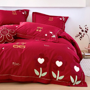 New Wedding Appliqué Flower Four-Piece Set of Long-Staple Cotton 100S Pure Cotton Wedding Quilt Cover Bedding with Happy Words Red