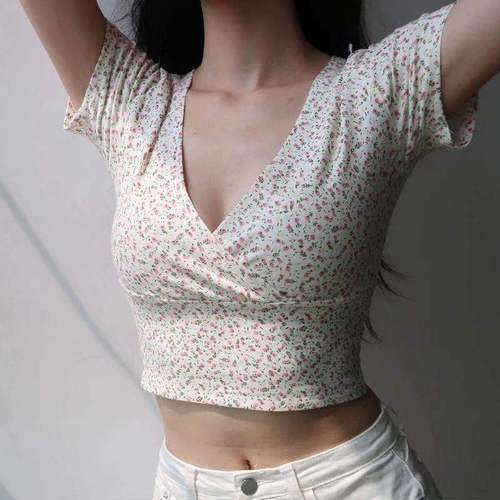 2025 New Style Floral Short Top with V-Neck Sleeveless Slimming T-Shirt for Women 