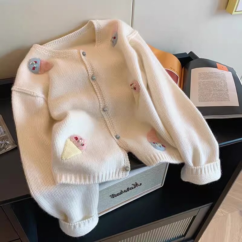 Soft Waxy Cute Ice Cream Embroidered Knitted Cardigan 2025 New Top Age-reducing Small Casual Thickened Sweater
