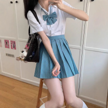 原创JK制服短袖学院白色衬衫学生夏季套装基础款上衣校供松蓝格裙