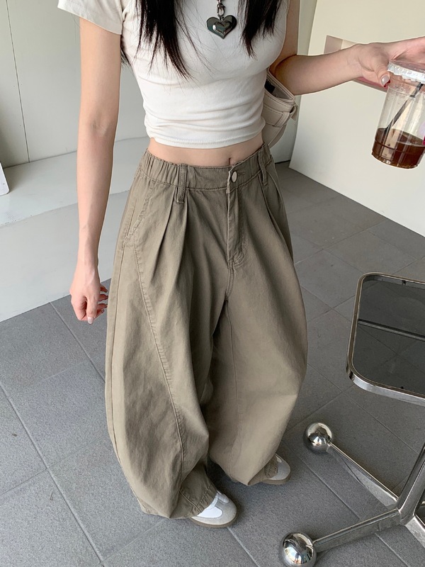 美式复古卡其色弯刀裤做旧牛仔裤女秋季显瘦百搭宽松阔腿裤长裤子|undefined