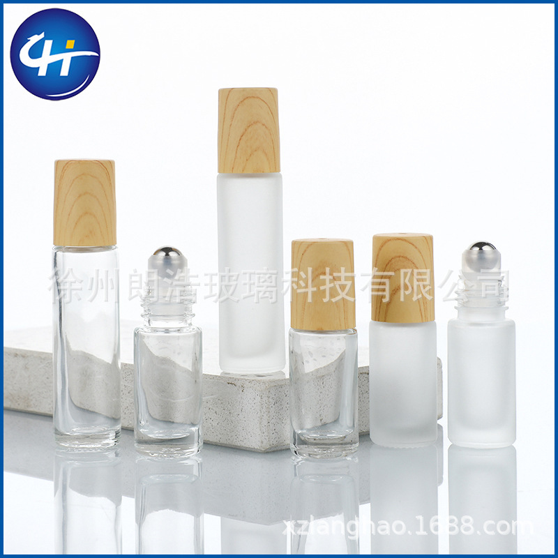 Cross-border 5/10ml Frosted Glass Wood Grain Cap Roll-on Bottle Essential Oil Perfume Roller Bottle Refillable Dispenser Bottle Can Be Packaged as Set