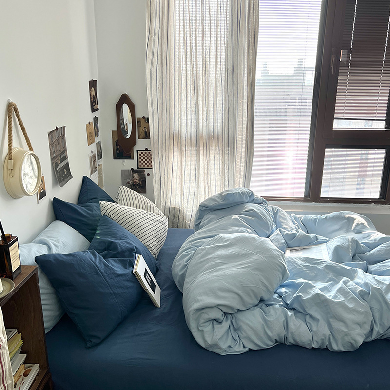 Washed Cotton Four-piece Bedding Set Solid Colour For Home_voghion.com