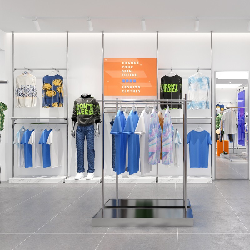 Acero inoxidable Tianzhu tienda de ropa estante de exhibición estante de exhibición tipo piso simple elevación de pared superior armario de prendas de hombre