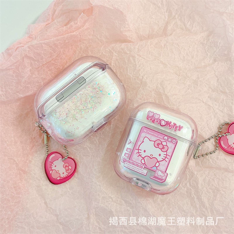 Защитный чехол (Apple) AirPods 1/2, 3, Pro/Pro2 — прозрачный с принтом hello kitty и брелоком