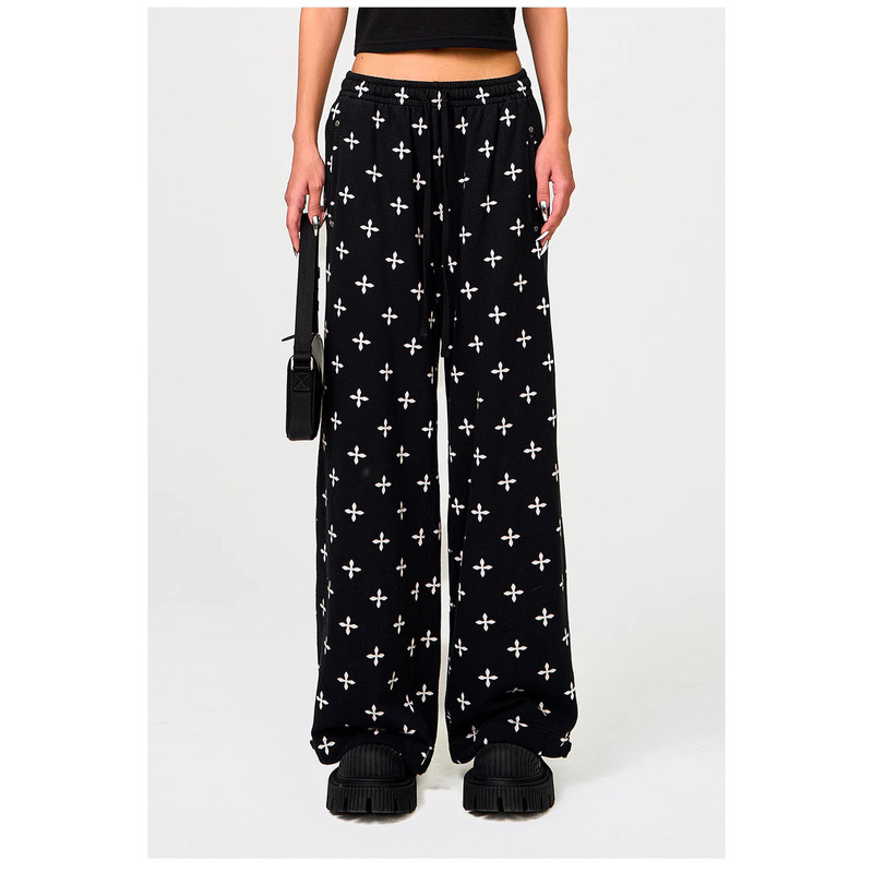 In-Stock Smfk Black Garden Wide-Leg Sports Pants with Drawstring, Loose Fit, Pure Cotton, Full Cross-Pattern Print Casual Sweatpants