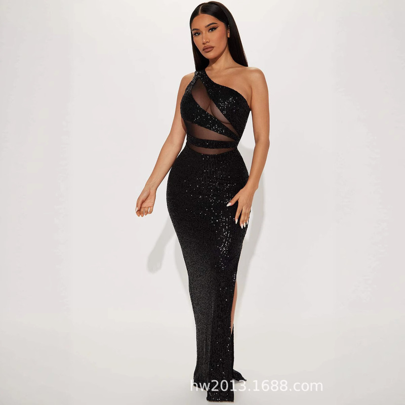 Foreign Trade European and American Cross-Border 2025 New See-Through Mesh Sequin Sexy Backless Slit Shoulder Dress Evening Dress