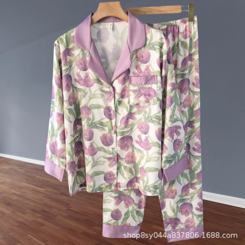Butterfly imprimido pijama de primavera y otoño de mujeres nuevo 2025 seda de hielo ropa doméstica dos piezas de fábrica de comercio exterior transfronterizo