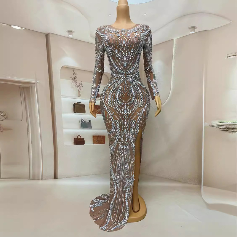 European and American Cross-border Evening Dress Temperament Slim-fit Long Full Diamond Pattern High Split Sexy Hip Slimming Temperament Socialite