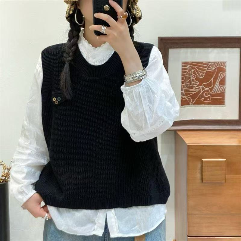 针织马甲 2025春季新款 复古宽松纯色圆领套头马夹女百搭上衣叠穿|undefined