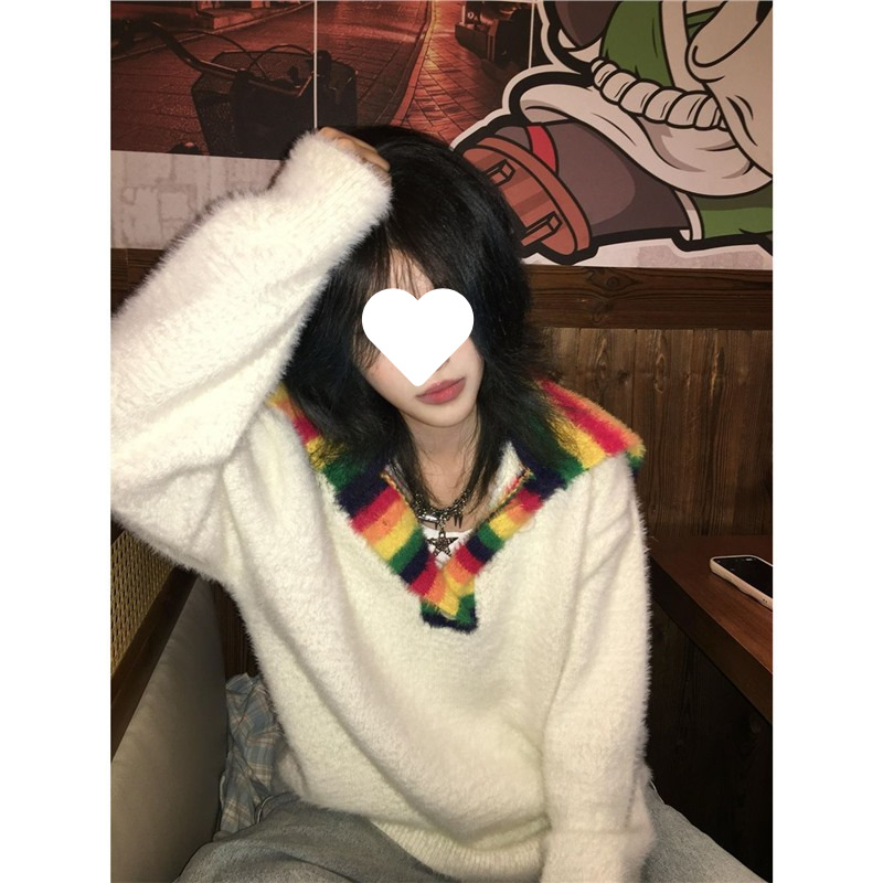 秋冬季美式慵懒风彩虹设计感高领翻领毛衣女情侣加厚仿貂毛针织衫