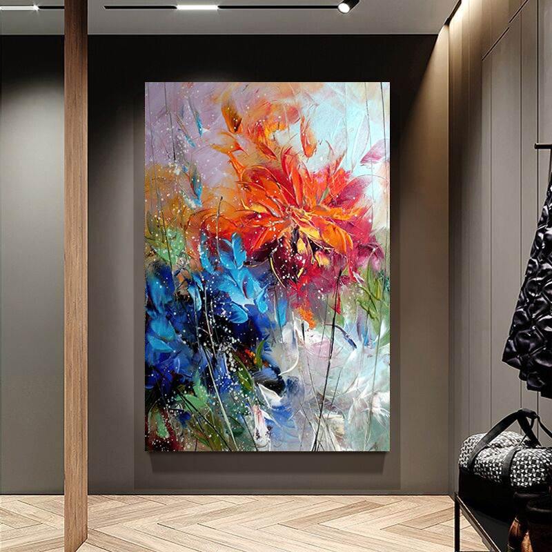 纯手绘植物花卉抽象油画美式玄关客厅沙发墙手绘填色装饰风景挂画|ru