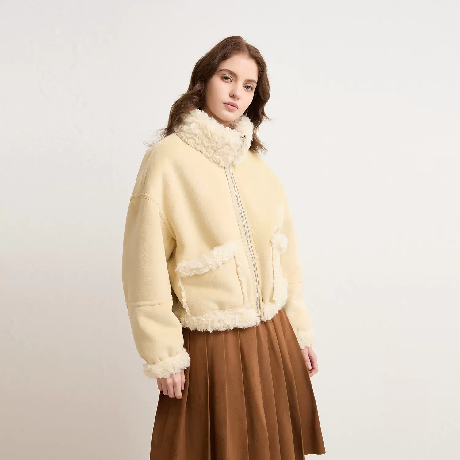 海宁环保仿羊羔毛两面穿韩系小短款毛茸茸立领皮毛一体毛毛外套女