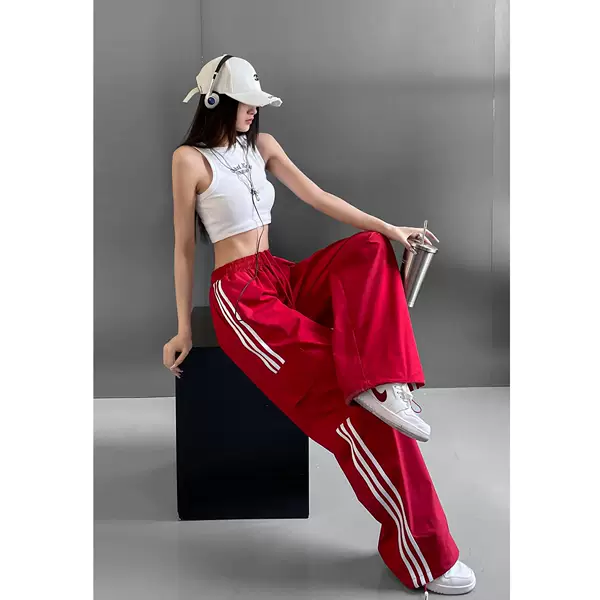 Spring and Autumn New Retro Three-bar Outdoor Hiking Crowdwork Pants Women's Wide-leg Sports Pants High Waist Trendy Trousers