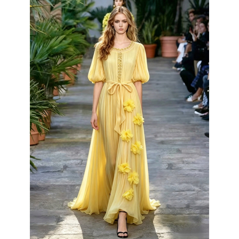 Fashionable and Elegant Bohemian Style Dress for Women, New Style with Puff Sleeves, Tie-Up Design, Long Dress with Round Neck