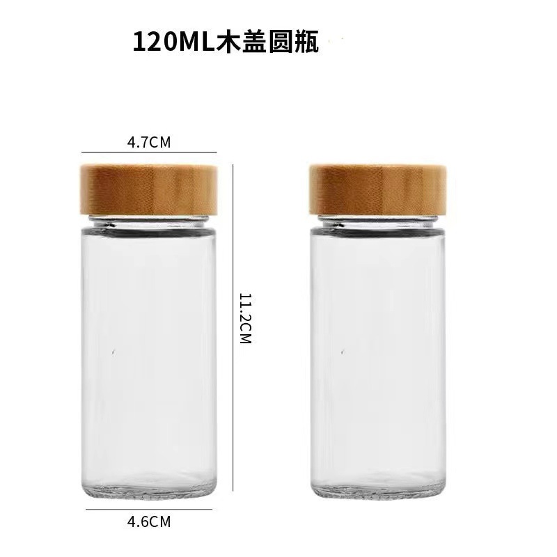 Botella redonda con tapa de madera de 120 ml