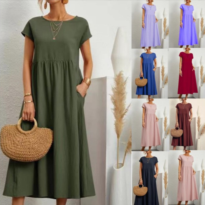 Amazon Aliexpress 2026 Ebay European and American Style Solid Color Sleeveless Loose Cotton and Linen Dress with Pockets in Stock Amazon Aliexpress 2026 Ebay European and American Style Solid Color Sleeveless Loose Cotton and Linen Dress with Pockets in Stock