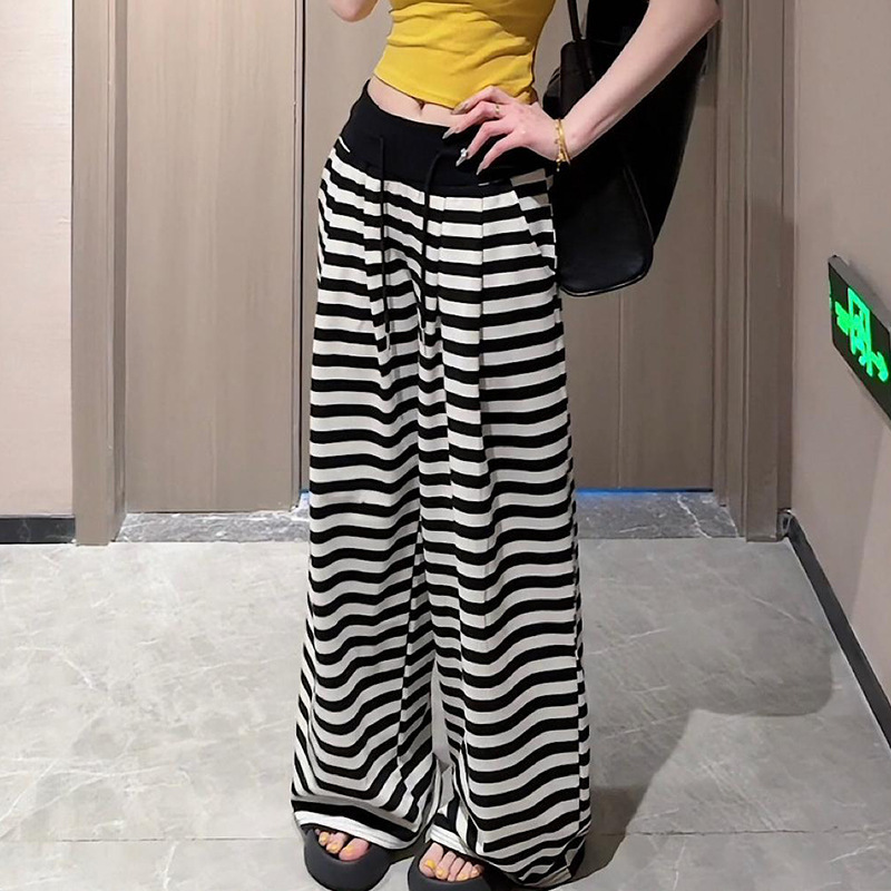 藏青条纹休闲运动裤子女2025秋季新品高腰宽松显瘦垂感阔腿裤ins|undefined