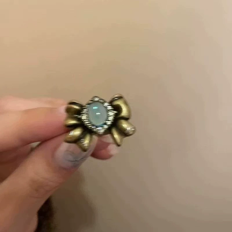 Retro small design sophisticated ring with stone with bow with zircon, universal accessory
