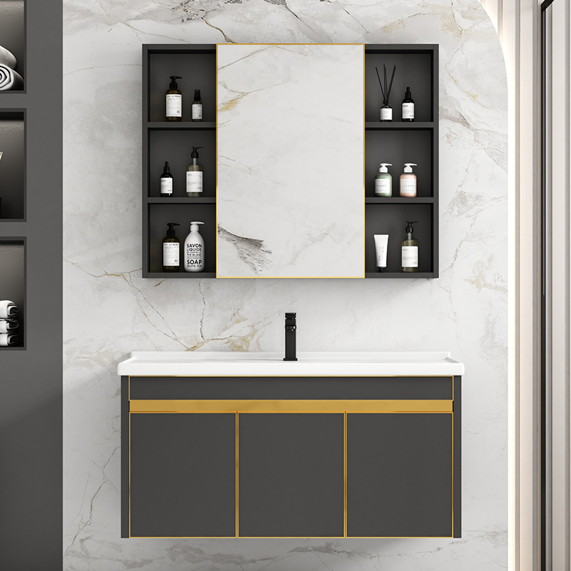Titanio dorado gris de acero inoxidable panal de aluminio gabinete de baño combinado gabinete de lavabo de cerámica integral gabinete lavabo