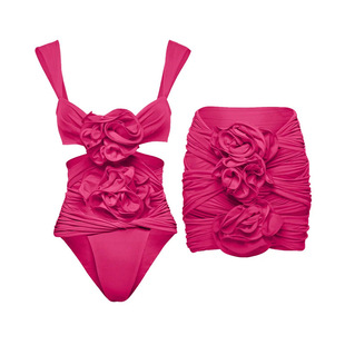 Rich Rose Red Three-Dimensional Flower One-Piece Swimsuit, Charming and Fashionable Hollow One-Piece Swimsuit, Women's Pleated Skirt