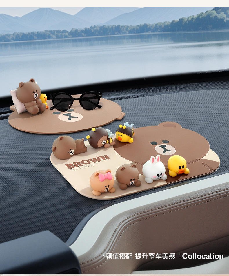 Brown Bear Car Anti-Slip Mat Cartoon Mat Car Interior Decoration Creative Dashboard Phone Holder Waterproof