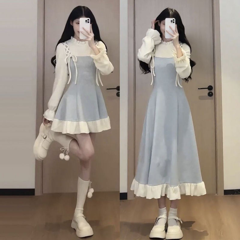 早春甜美短裙秋冬收腰显瘦小众设计感撞色拼接假两件连衣裙女|undefined