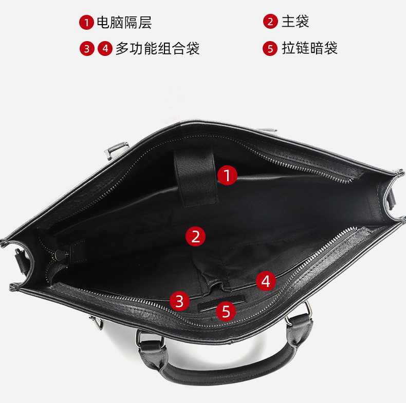 Túi xách tay công sở nam da bò lớp đầu, cặp đựng laptop 15.6 inch nhiều ngăn, 39×7×29 cm — Màu đen chi tiết 8