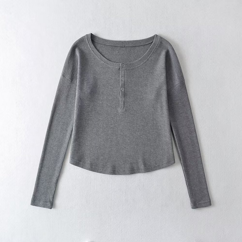 solid color Long Sleeve Round Neck Slim Waffle Loose Cropped T-shirt NSXDX137526