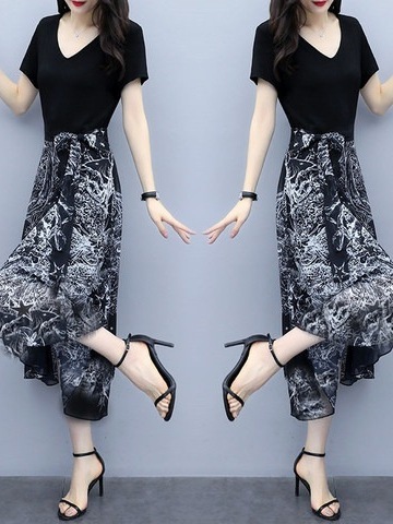 Summer Women's Stylish Slimming Belted Short-Sleeve Dress Flowing Chiffon Medium-Length Dress Plus Size Women's Skirt